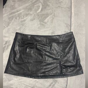 Black Faux Leather Mini Skirt with Front Slit